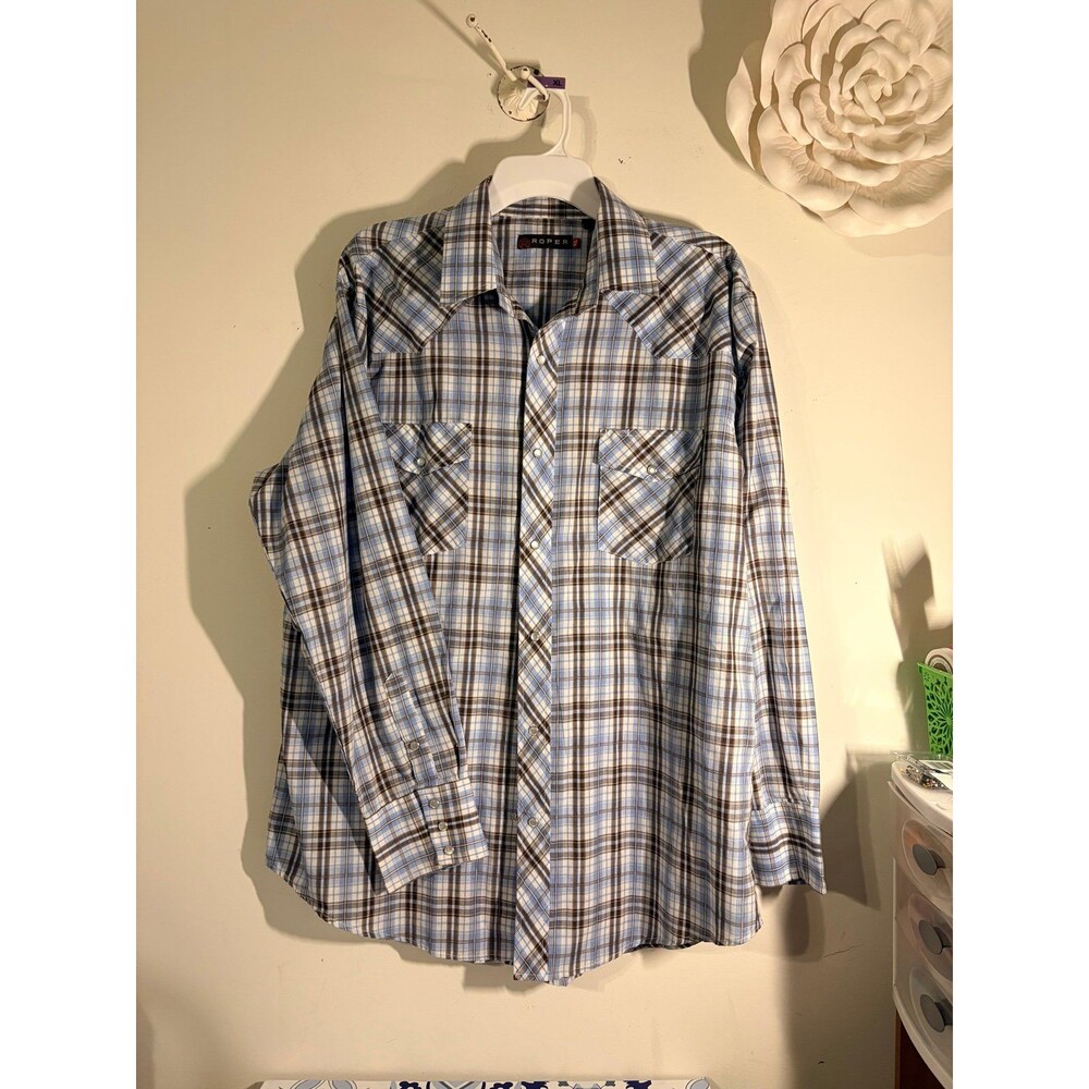 Roper Men's Blue Plaid Long Sleeve Pearl Button Front Shirt